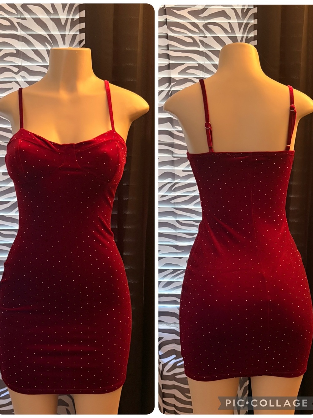 Fashion Nova Red Velvet Rhinestone Spaghetti-Strap Mini Dress